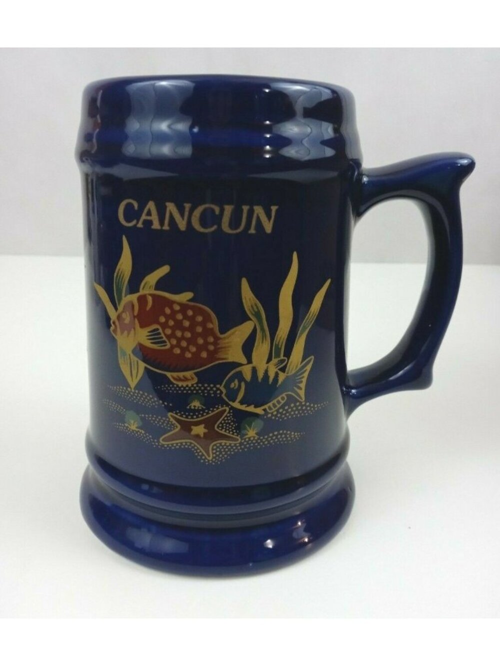 Cancun Underwater Ocean Fish & Starfish Blue Beer Stein Coffee Cup Tumbler 6.25"